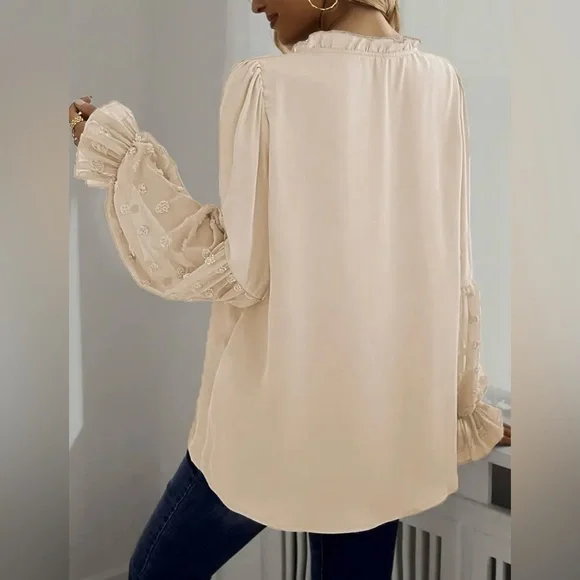 Boho Swiss Dot Frill Trim Tie Neck Blouse - Picture 2 of 6